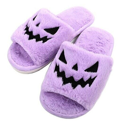 Women Halloween Pumpkin Slippers Soft Plush Flip Flop Indoor Warm Shoes 8.5~12in