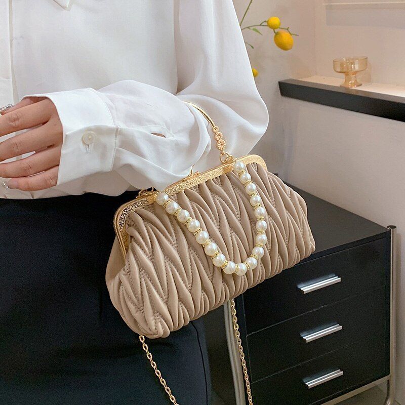 Orange Green Shoulder Bags Pearl Chain Clutch Crossbody Bags Synthetic Leather