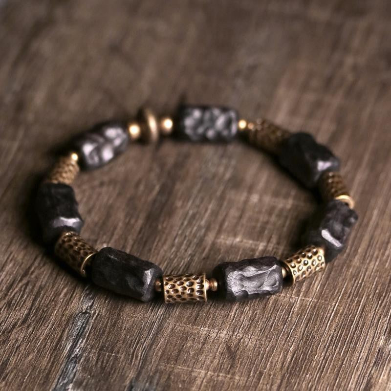 Retro Chinese Style Black Wood Bracelet | Brass Accent Handmade Beaded Bracelet