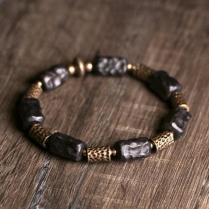 Retro Chinese Style Black Wood Bracelet | Brass Accent Handmade Beaded Bracelet