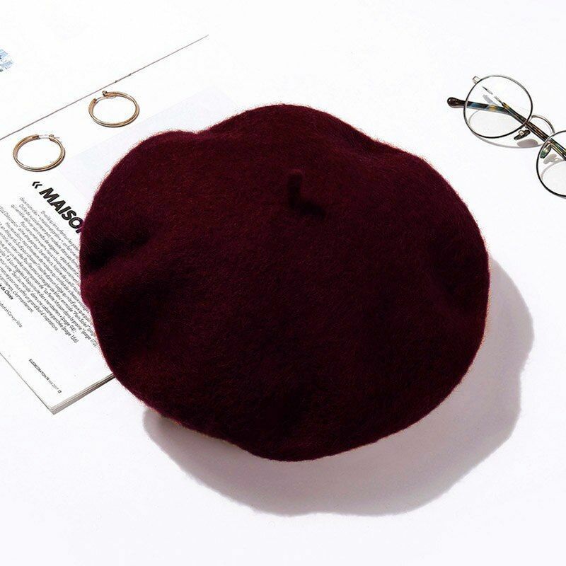 Wool Beret Hats Women Pure Felt British Style Solid Color Slouchy Winter Female