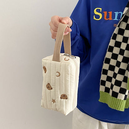 Embroidery Bear Makeup Bag Cotton Canvas Zipper Cosmetic Organizer Pouch Cases
