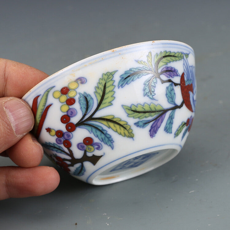 3.1" Chinese Doucai Contrasting Colors Porcelain Twisting Flower Bird Grain Cups