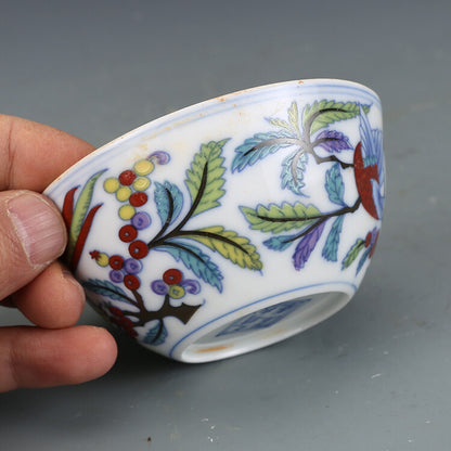 3.1" Chinese Doucai Contrasting Colors Porcelain Twisting Flower Bird Grain Cups