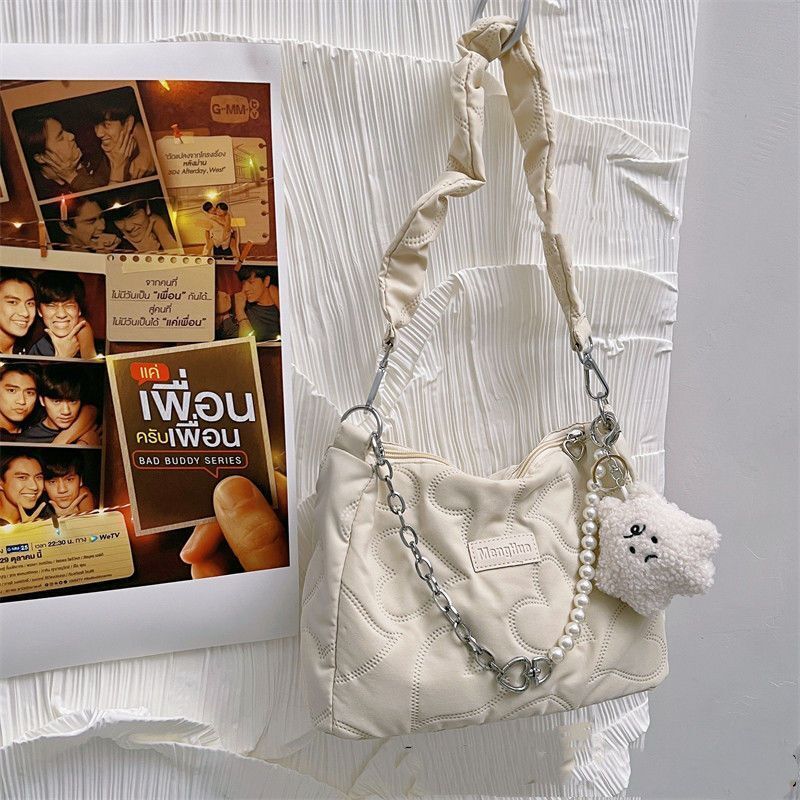Heart Thread Bag Chain Shoulder Bag Zipper Beaded Handbag Black Brown White Pink