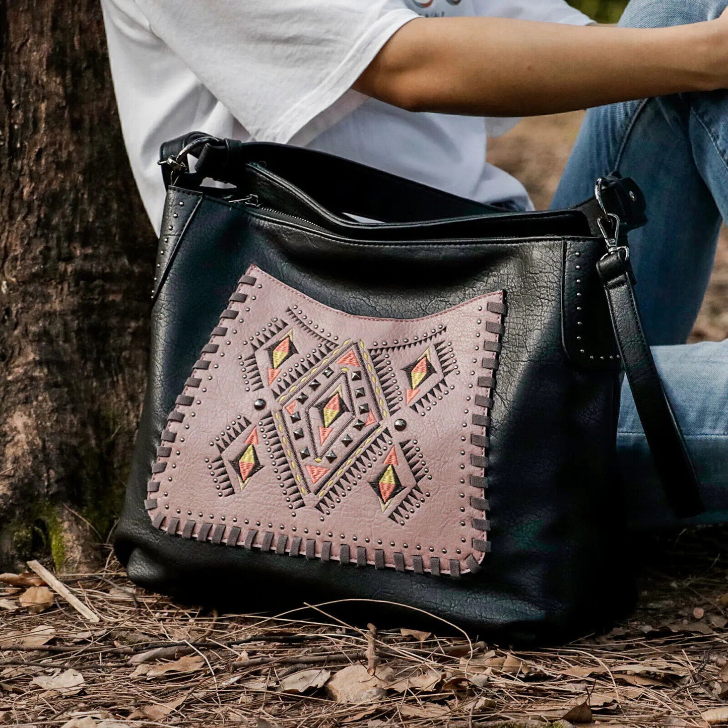 Celela Women Concealed Carry shoulder Bag Hand bag Embroidered Studs Wallet Tote