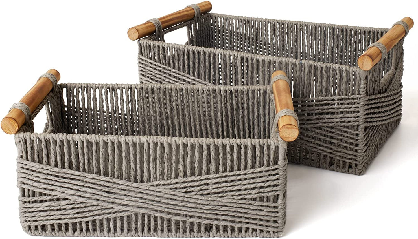 Hand Woven Wicker Storage Baskets for Organizing Decoration with Wood Handles