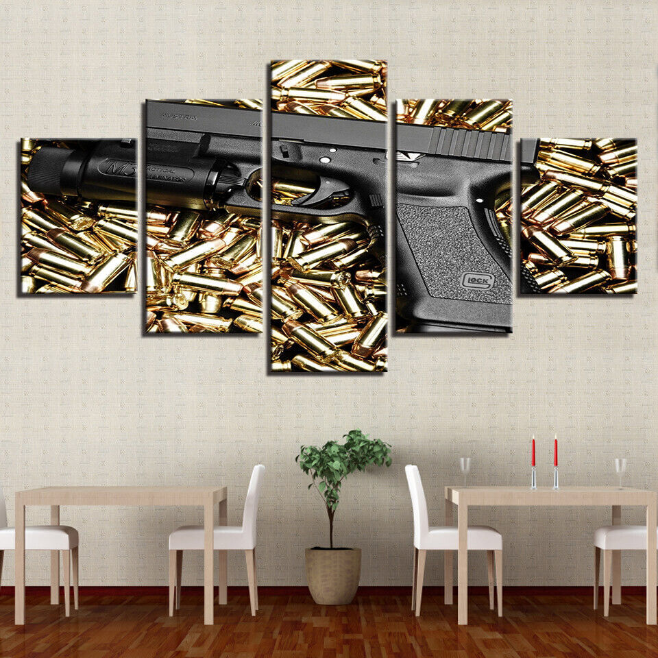 Pistol and Bullets Canvas Prints Painting Wall Art Home Decor Picture 5PCS