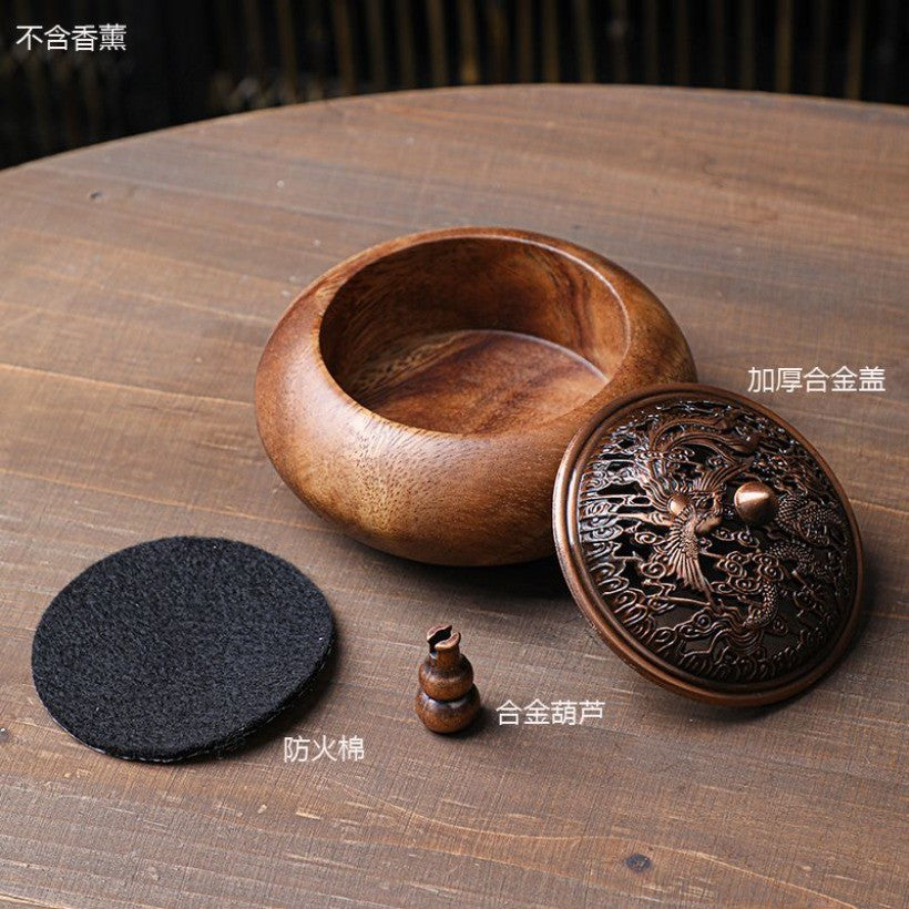 Walnut Wood Incense Burner 11×7.2cm Dragon Phoenix Alloy Lid Vintage Censer