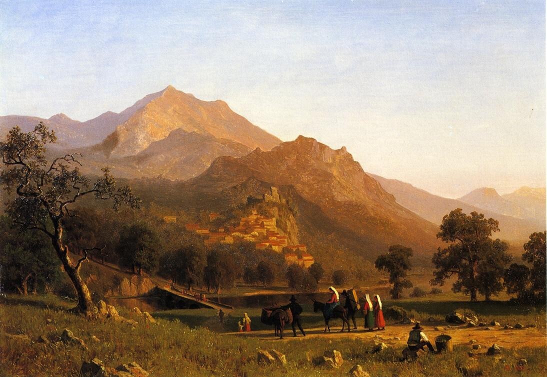 Oil painting Rocca-de-Secca-Albert-Bierstadt-oil-painting horsewoman landscape