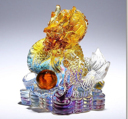 Chinese Liu Li Crystal Dragon Statue Office Feng Shui Home Decor