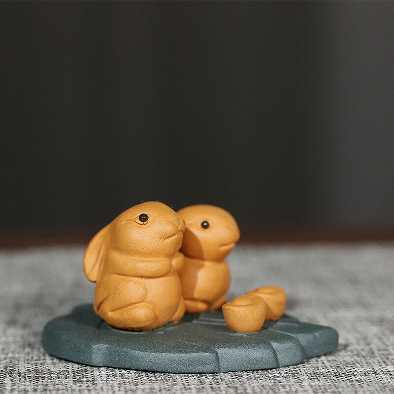 Rabbit On Leaf Mat Lovely Tea Pet Zisha Purple Clay Home Garden Decoration Small