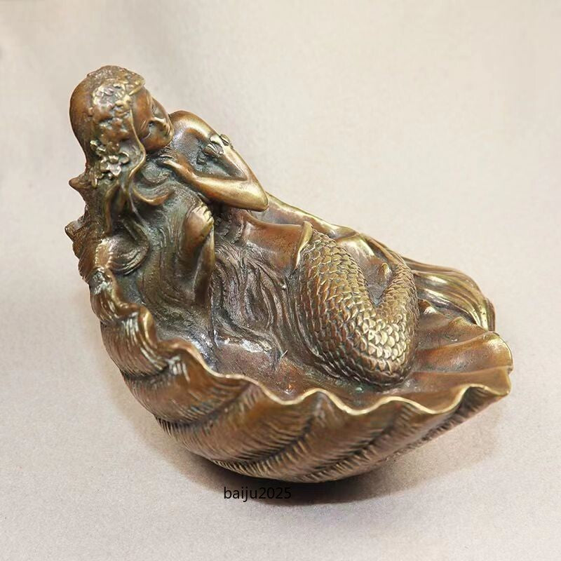 Brass Mermaid Statue Girl Ashtray Sculpture Home Table Decor