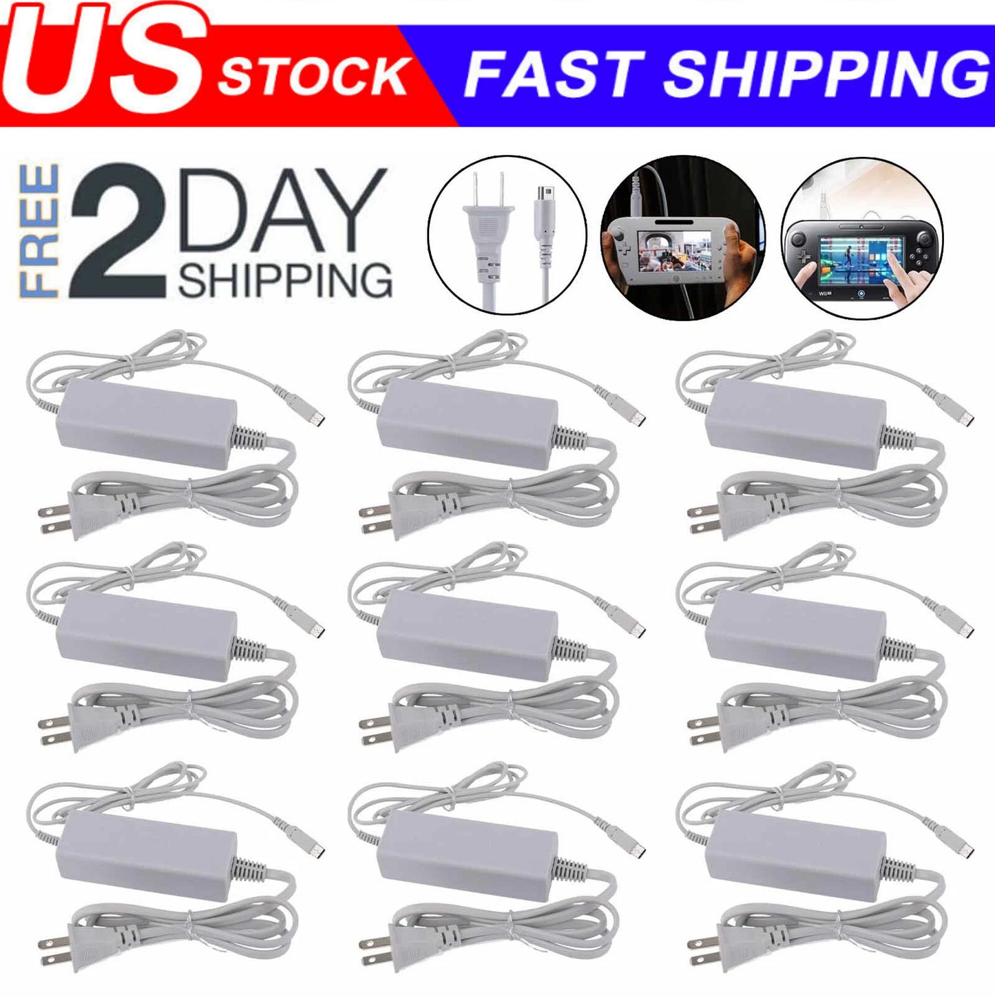 AC Power Supply Charging Adapter Cable Charger For Nintendo Wii U GamePad Lot
