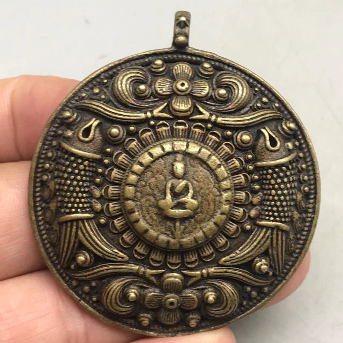 Vintage Tibetan Brass Pendant, Hand-Carved Buddha & Fish, Nepal Style