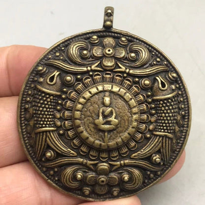 Vintage Tibetan Brass Pendant, Hand-Carved Buddha & Fish, Nepal Style