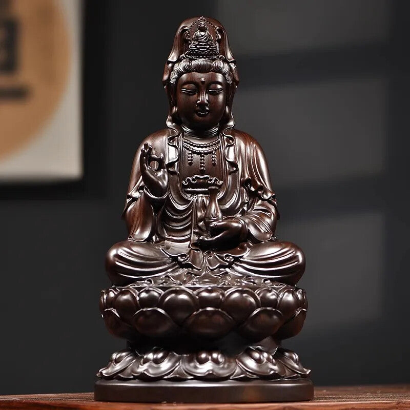 Lotus Guanyin Statue Safflower Pear Black Sandalwood Buddha Statue Home FengShui