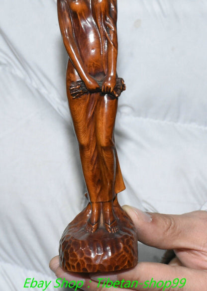 7.1''Old Chinese Boxwood Carving Beauty Beautiful Belle Statue Sculpture