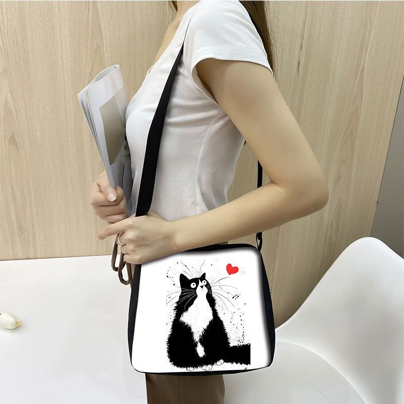 Customized Shoulder Bag Cute Black White Cat Printing Handbag Purse Storage Bag