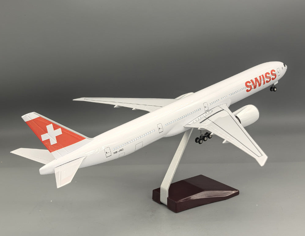 47CM 1:157 SWISS BOEING 777-300ER Plane Led Sound-controlled Light Resin Model