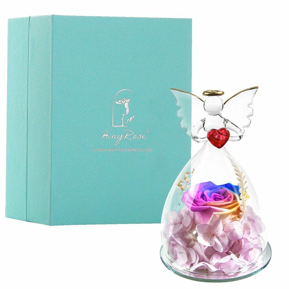 Real Rose Angel In Glass Dome Preserved Flowers Wedding Birthday Gifts 2.9 x4.3"