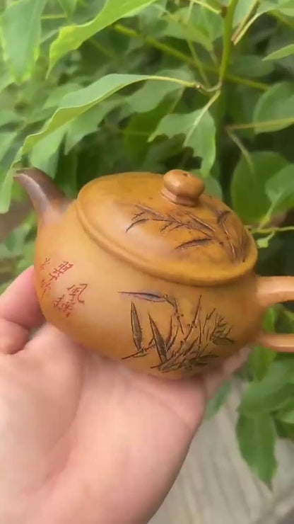 Chinese Tea Pot Bamboo Carved Handmade Pot 9 Infuser Hole Original Ore Duan Clay