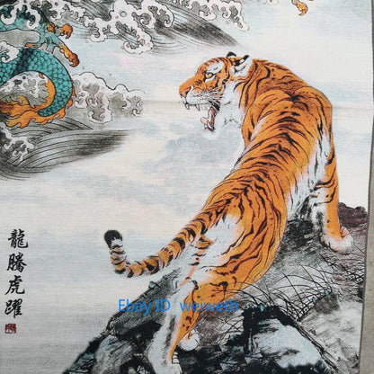 Tibetan hand made Nepal Silk Embroidered thangka -- Tiger and Dragon statue