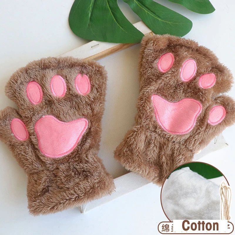 Women Fingerless Gloves Plush Fluffy Cat Paw Claw Panda Mittens Warm Winter Wear