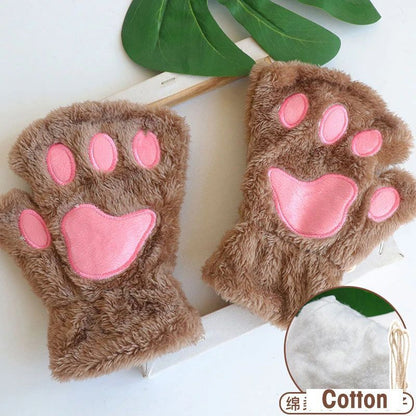 Women Fingerless Gloves Plush Fluffy Cat Paw Claw Panda Mittens Warm Winter Wear