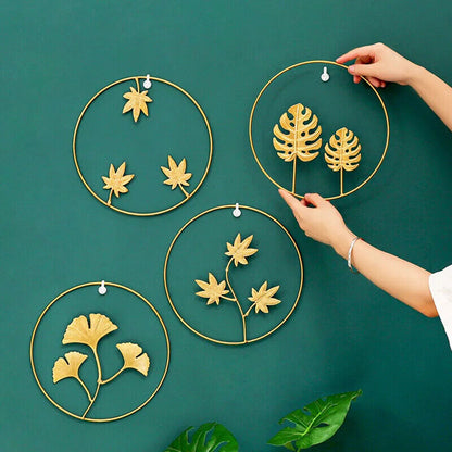 Wall Hanging Ornament 24cm Iron Golden Picture Frame Ginkgo Leaf Palm Tree Decor