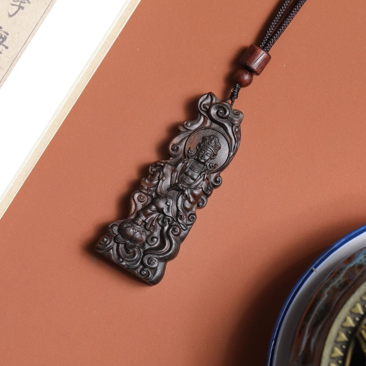 Indonesia Dala dry Agarwood Hand-carved Cloud lotus Kwan-yin Statue Pendant