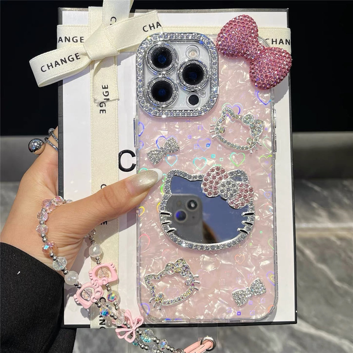 For iPhone 17 Pro Max/16/15 Cute Bling Mirror Girl Case Cover w/ Chain
