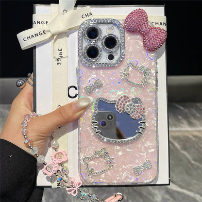 For iPhone 17 Pro Max/16/15 Cute Bling Mirror Girl Case Cover w/ Chain