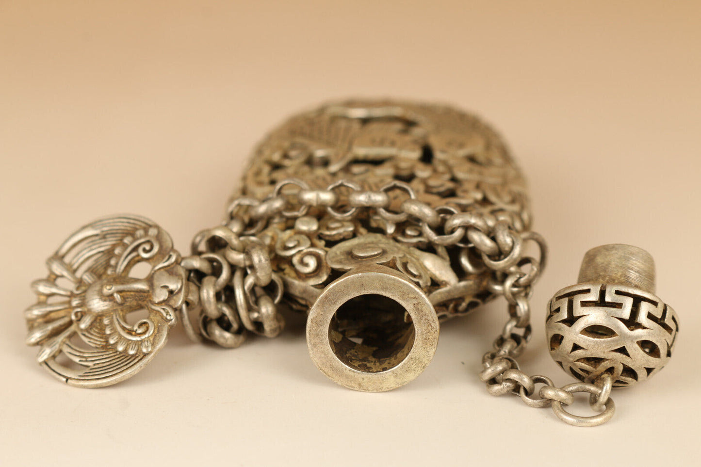old tibetan silver hand carved hollow out fish lotus statue snuff bottle pendant