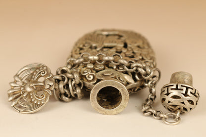 old tibetan silver hand carved hollow out fish lotus statue snuff bottle pendant