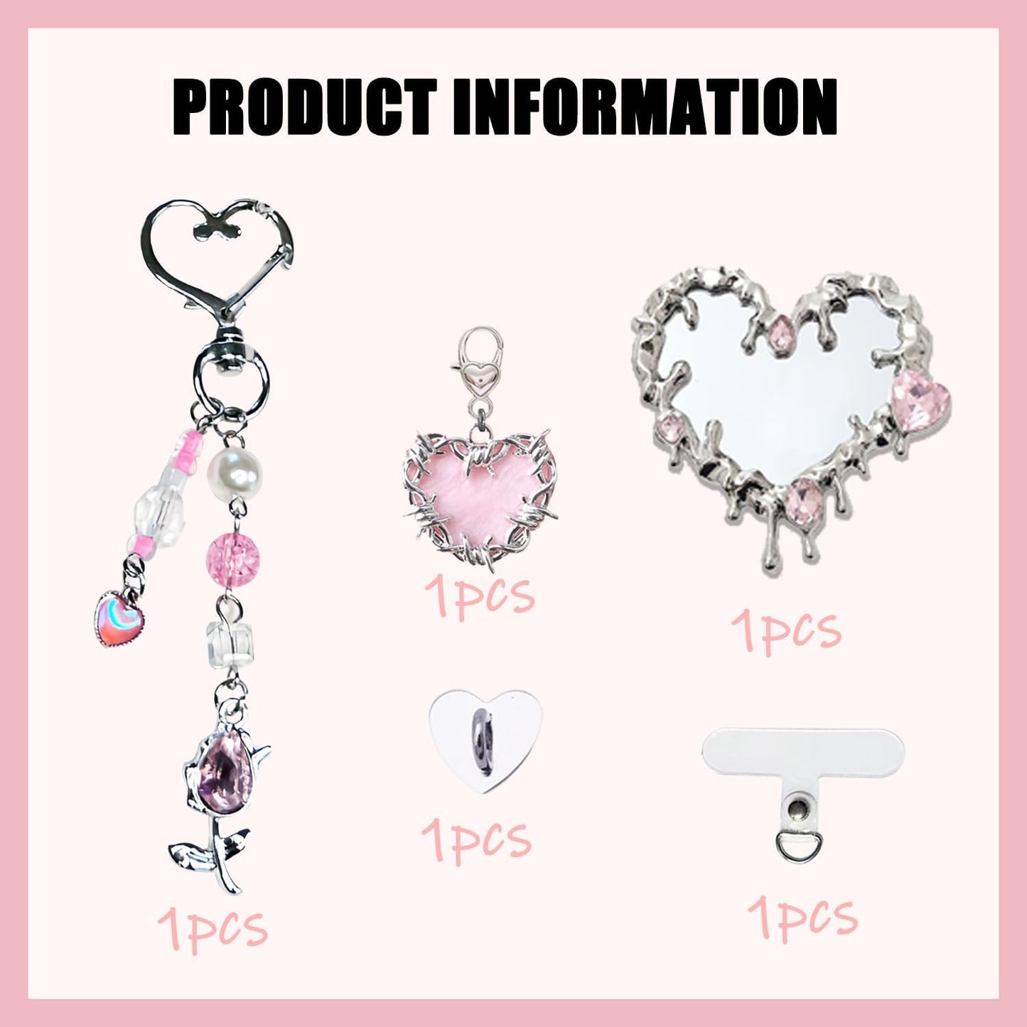 Cute Charms Set for Kindle,Including Y2K Style Heart Grip Holder, Pink Heart Cha
