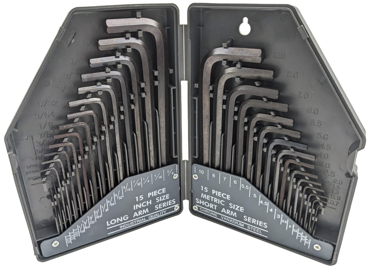 30 Piece Hex Wrench Set, Popular Inches and Metric Sizes with Gray Storage Case
