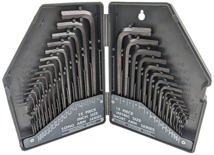 30 Piece Hex Wrench Set, Popular Inches and Metric Sizes with Gray Storage Case