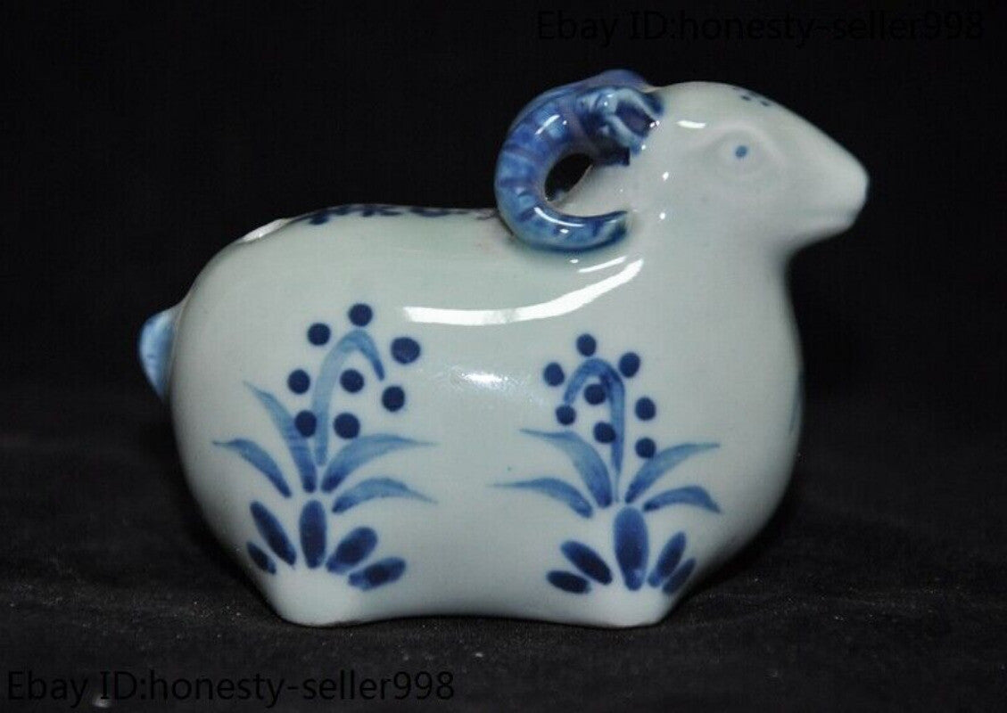 3.2'' Antique Blue White Porcelain Wealth Lucky Zodiac Sheep Goat Statue Crafts
