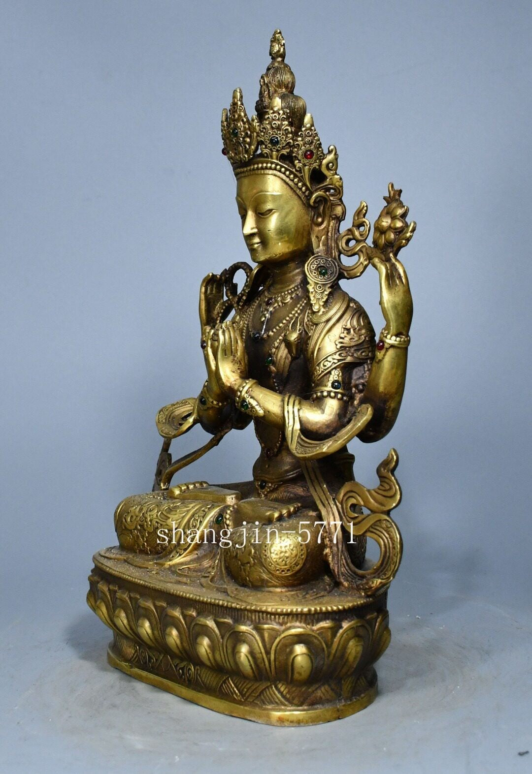 8.4"old Xizang Buddhism Temple Bronze Four Arms Chenrezig Buddha Statue