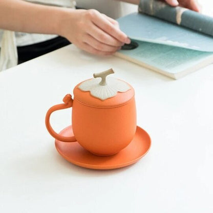 Ceramic Persimmon Mug Orange Tea Cup With Saucer And Infuser Office Tea Cup Mugs
