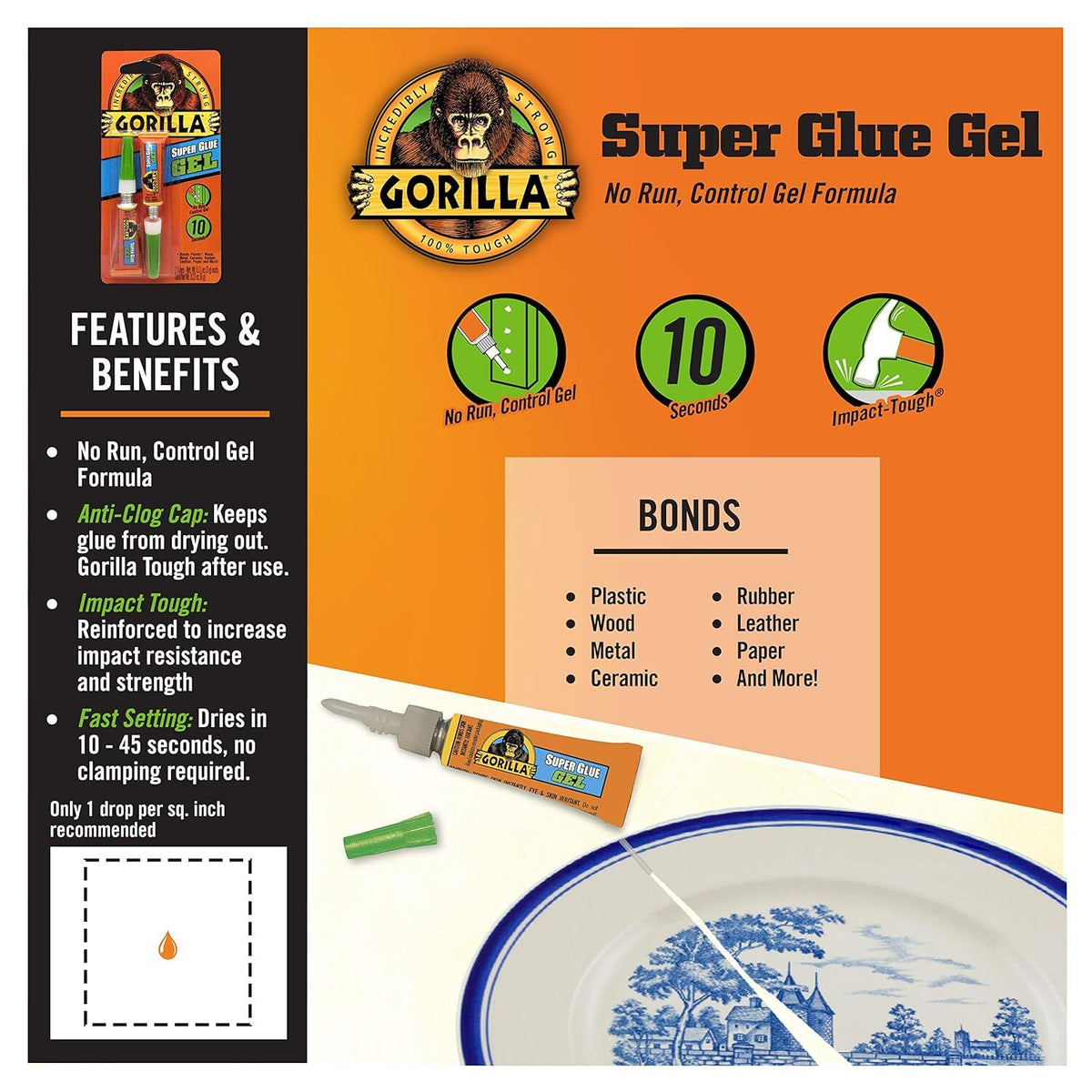 Gorilla 10 Pack 3 Gram Tubes Super Glue Gel, Dries in 10-45 Seconds