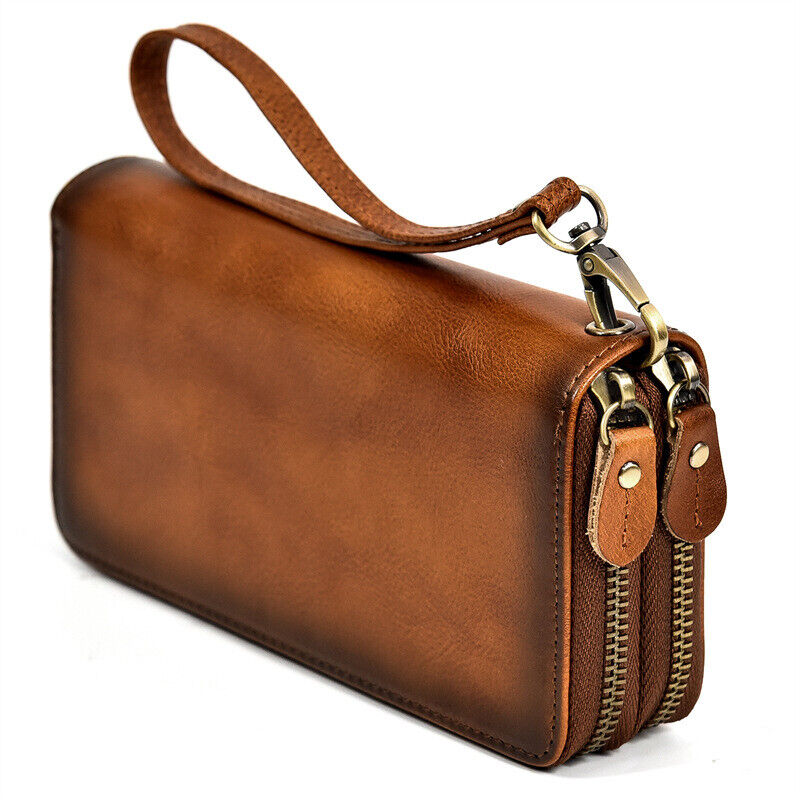 Top- Grain Leather Men's Clutch Bag, Long Zipper Wallets Retro Handbags