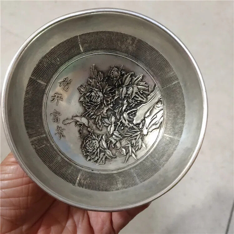 Silver Antique Copper Bowl Gilt Carving Flower Blooming Wealth Honor