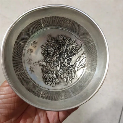 Silver Antique Copper Bowl Gilt Carving Flower Blooming Wealth Honor