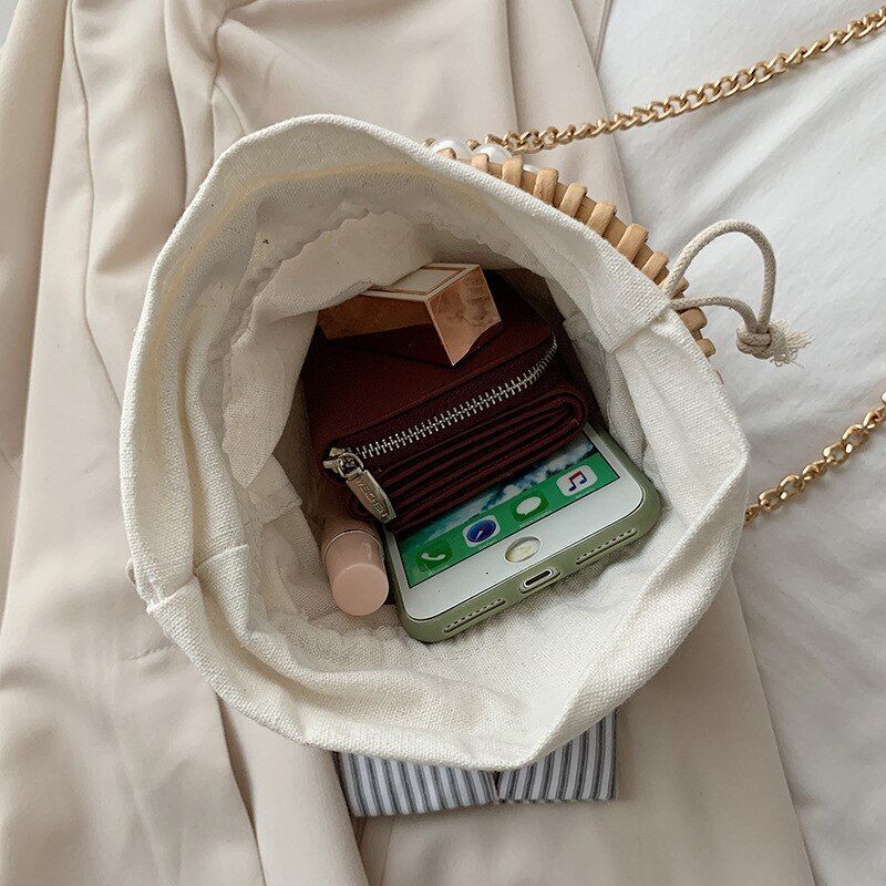 Woven Straw Bag Pearl Chain Round Handmade Handbag Shoulder Purse 16*16*14 CM