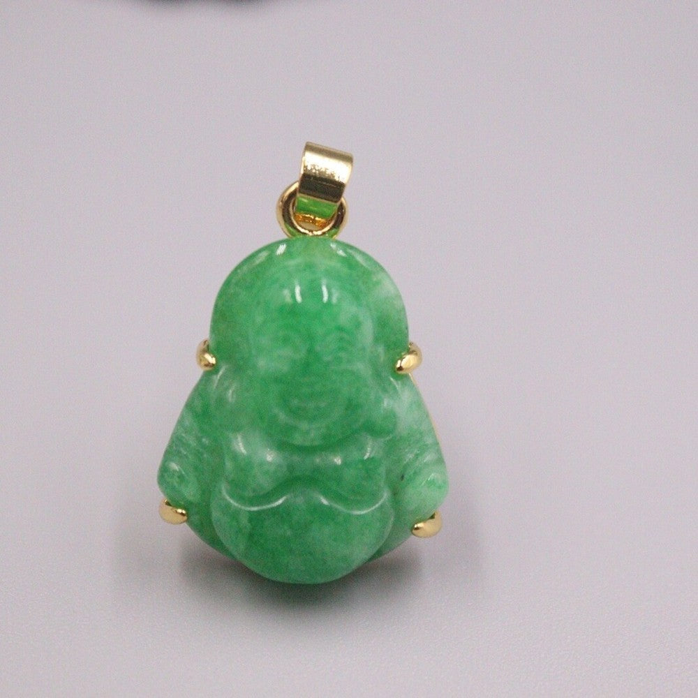 New 18K Yellow with Green Jade Buddha Pendant 1.10Inch H 佛