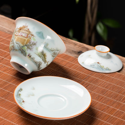 175ml Chinese Handpainted Porcelain Gaiwan Tureen Covered Bowl Coaster Tea Set