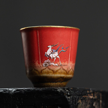 Set of 4 Cups Cute Deer Ceramic Tea Cup Small Gongfu Cup of Tea 50ml