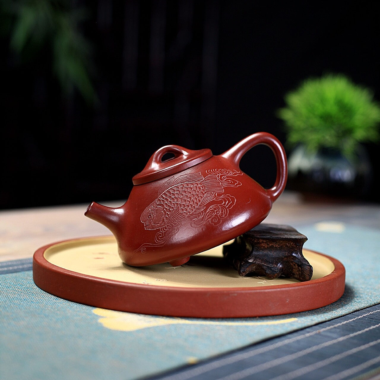 Full Handmade Tea Pot Carved Fish Ziye Shipiao Pot Marked Real Yixing Dahongpao